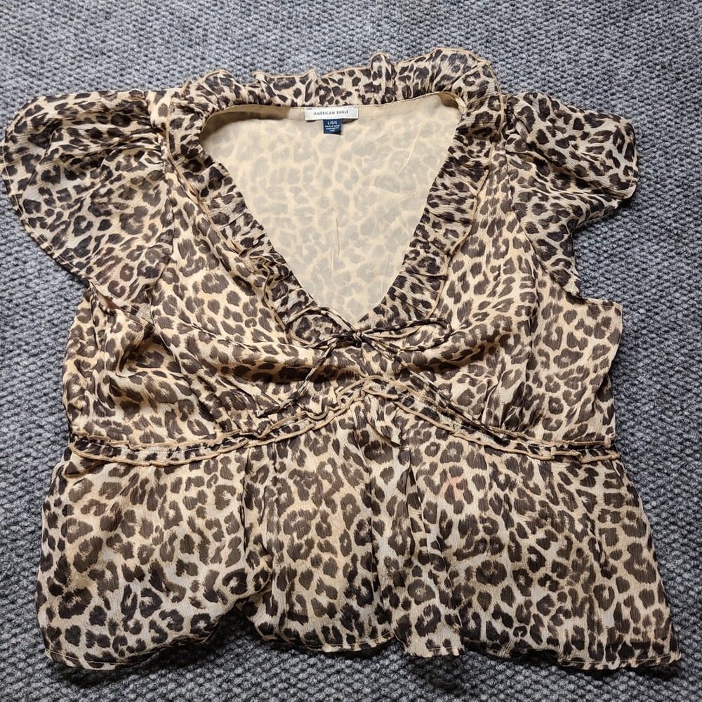 American Eagle Leopard Print Ruffle V-Neck Tie Front Peplum Blouse Large